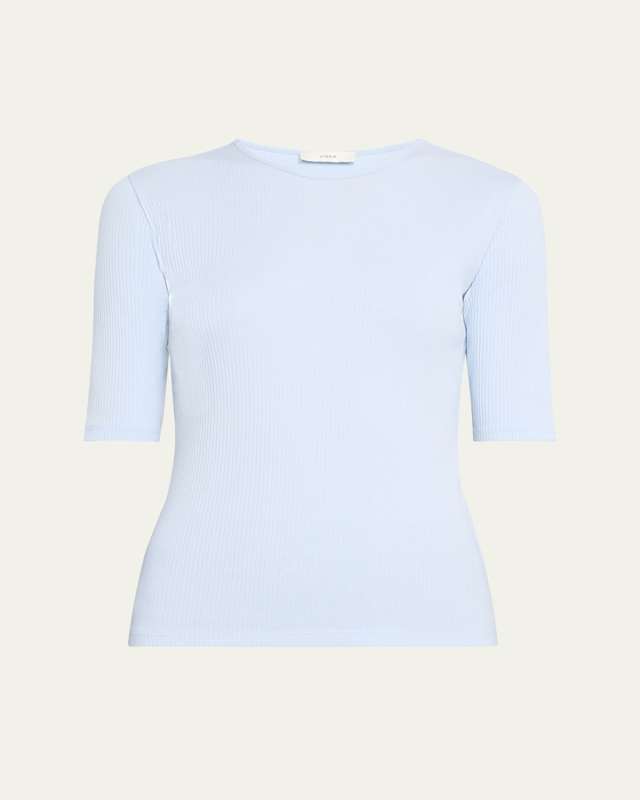Ribbed Elbow-Sleeve Crewneck Top